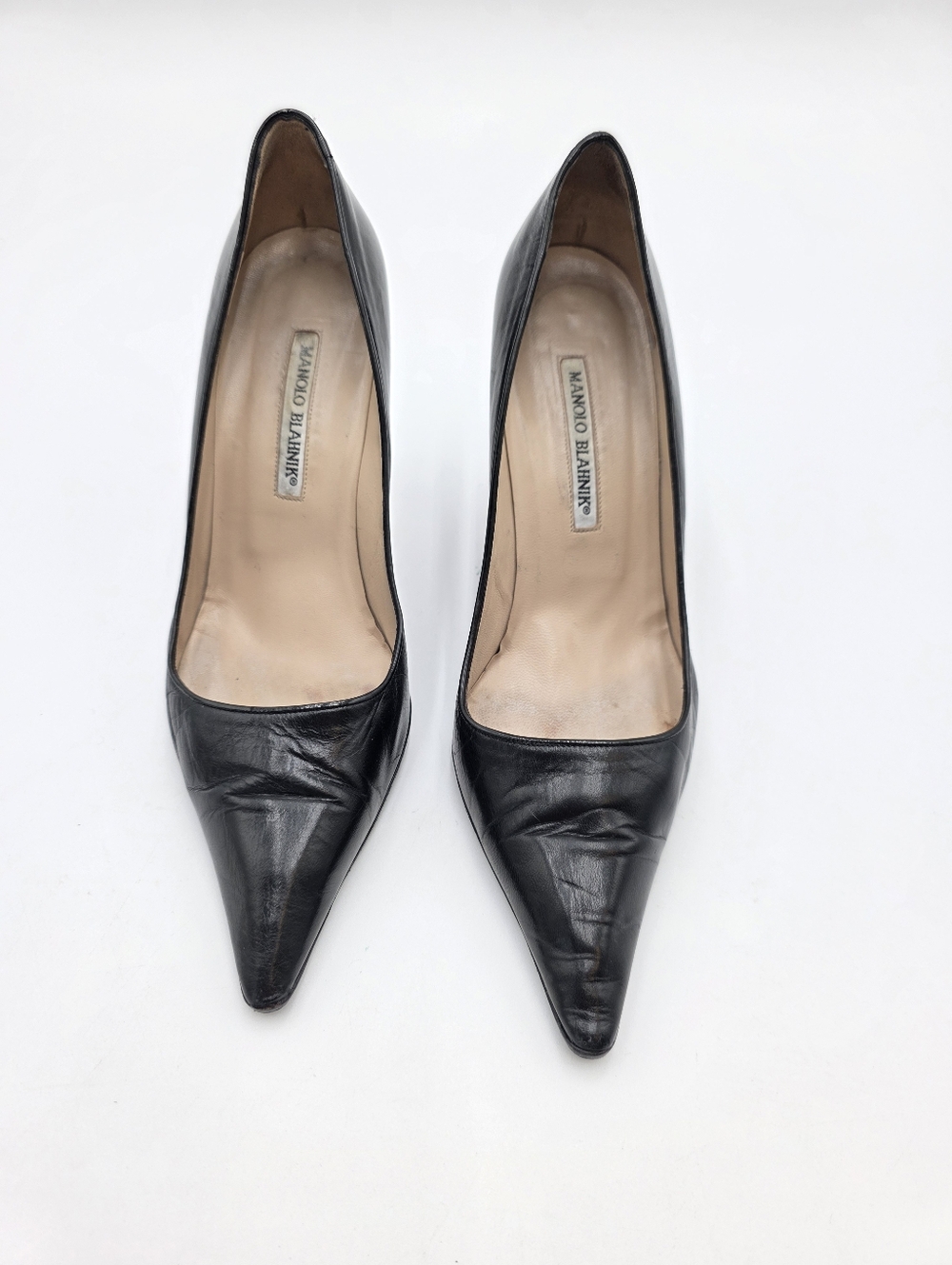Vintage 90s Manolo Blahnik Black Leather Pointed Toe Pumps Heels Size 39.5